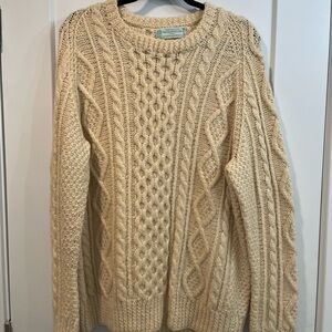 Men's Cream Cable Hand Knit Wool Crewneck Sweater Vintage